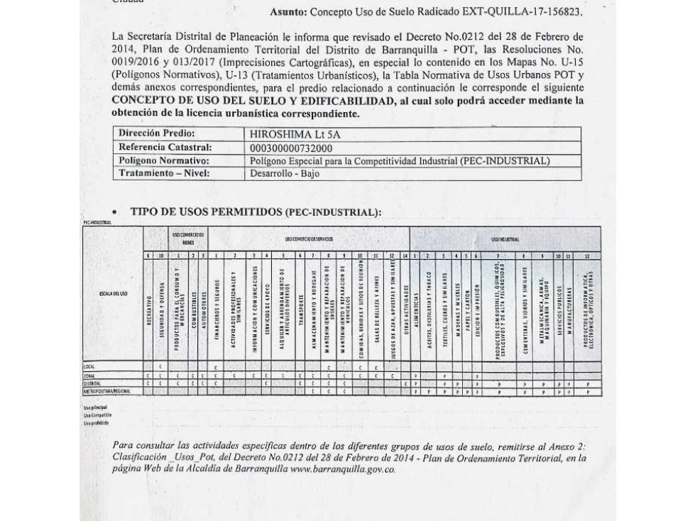 Lote Industrial en Juan Mina Atlantico